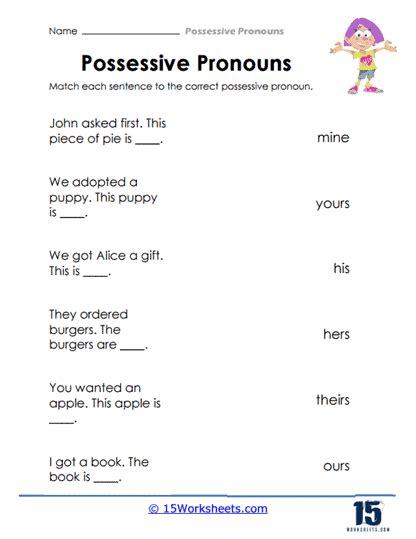 Possessive pronouns worksheets for kids