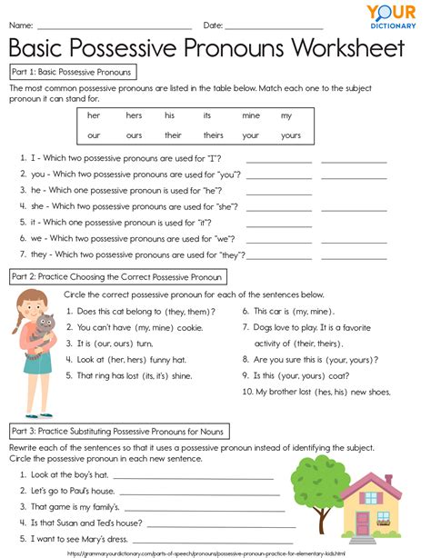 Possessive pronouns worksheets for kids